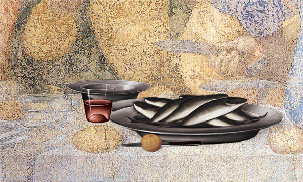 Reconstruction of the large shallow pewter serving dishes, contain fish.